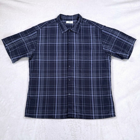 Uniqlo Other - Uniqlo Navy Blue Plaid Linen Cotton Blend XL Short Sleeve Button Front Shirt